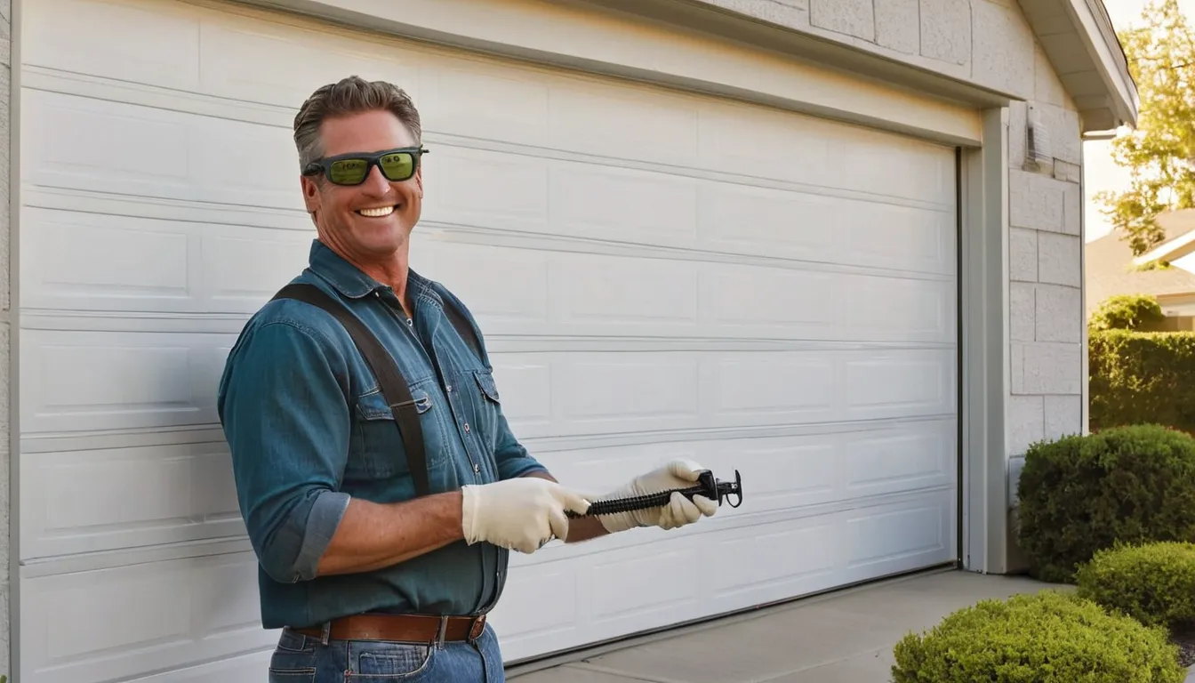 A friendly local provider checking the torsion spring above a garage door at a Dallas home