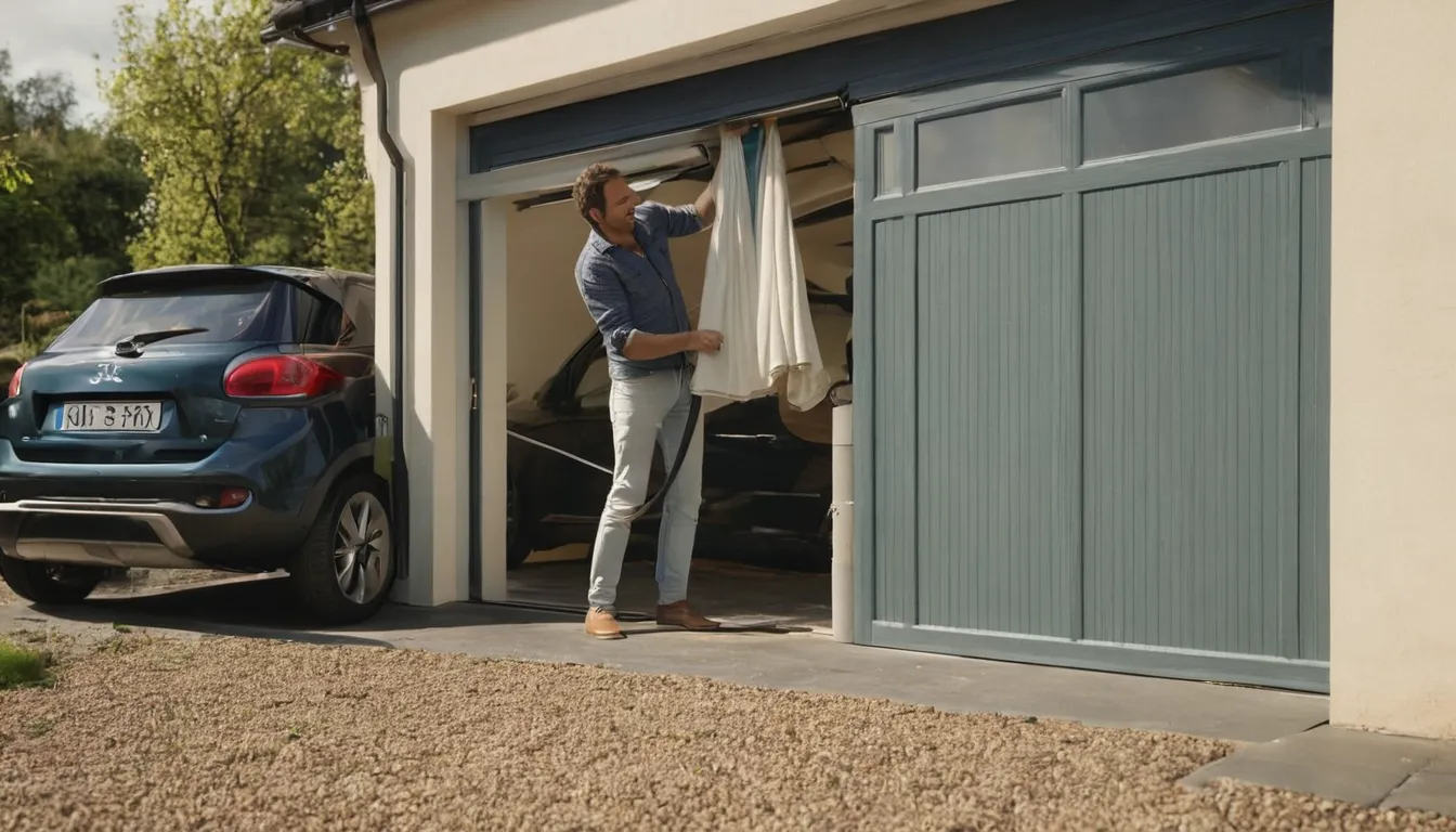 A homeowner testing garage door sensors in the Dallas area